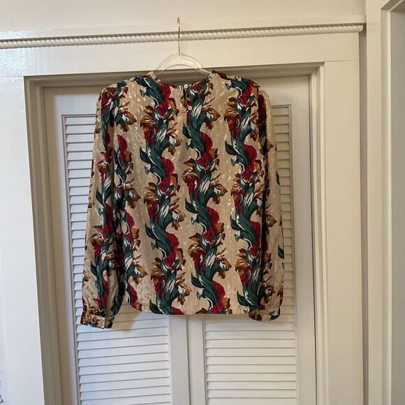 NICOLA Floral Print Blouse Pullover Long Sleeves Silky Beige Green Red, Size 10 - Picture 8 of 11